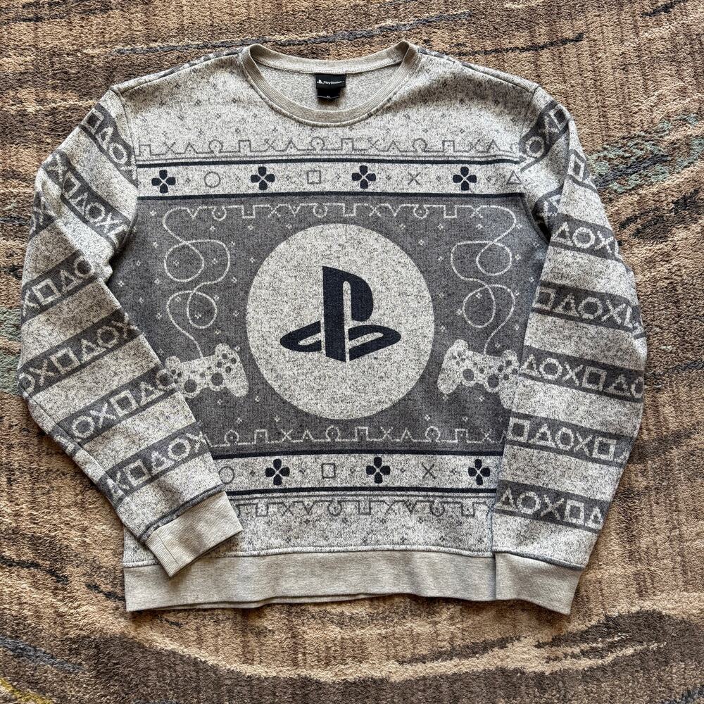 Men's Sony PlayStation Gray Christmas Gaming Crewneck Pullover Sweater Sz XL